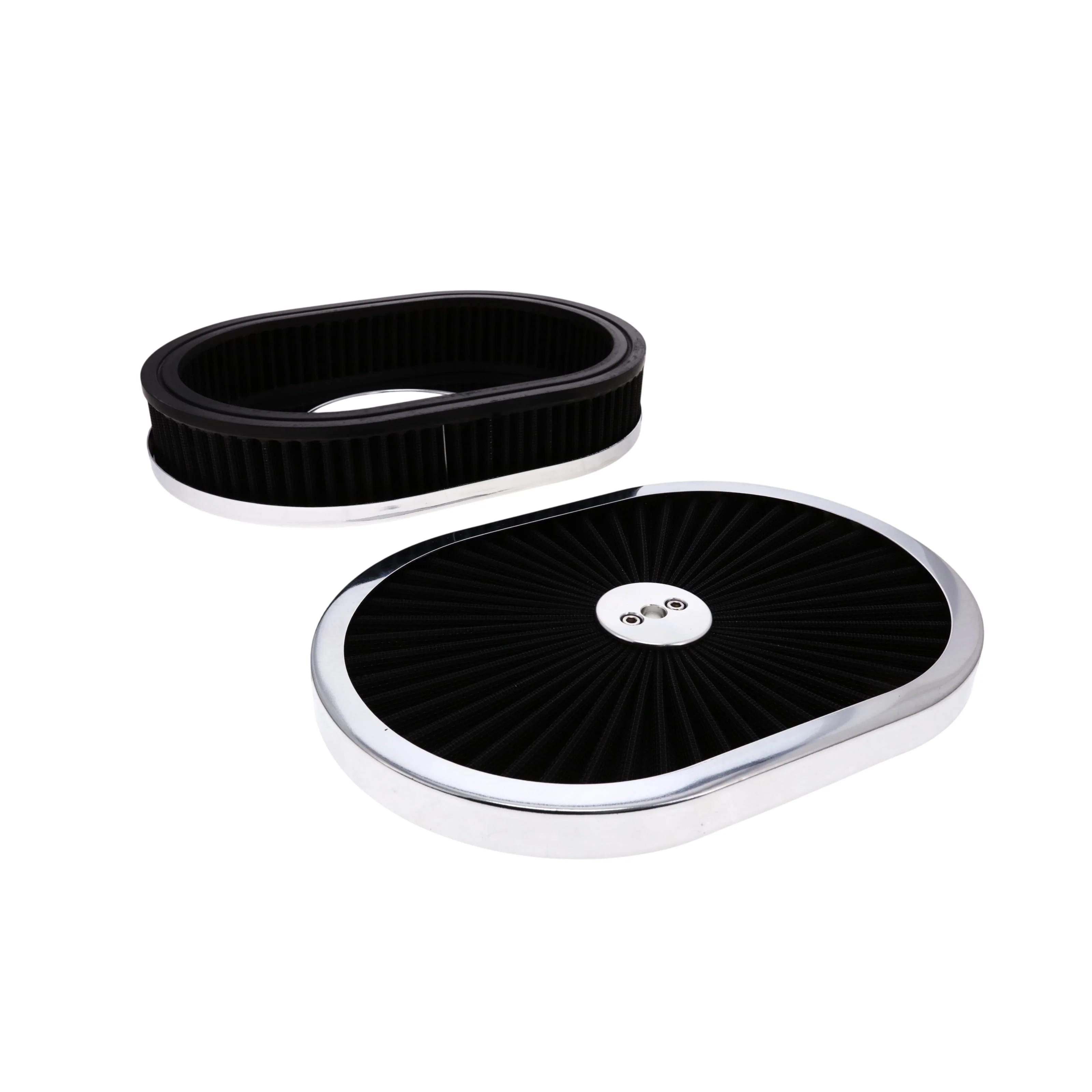 12" X 2" Oval Steel Air Cleaner Kit, Black Washable Filter, Flat Base - Chrome