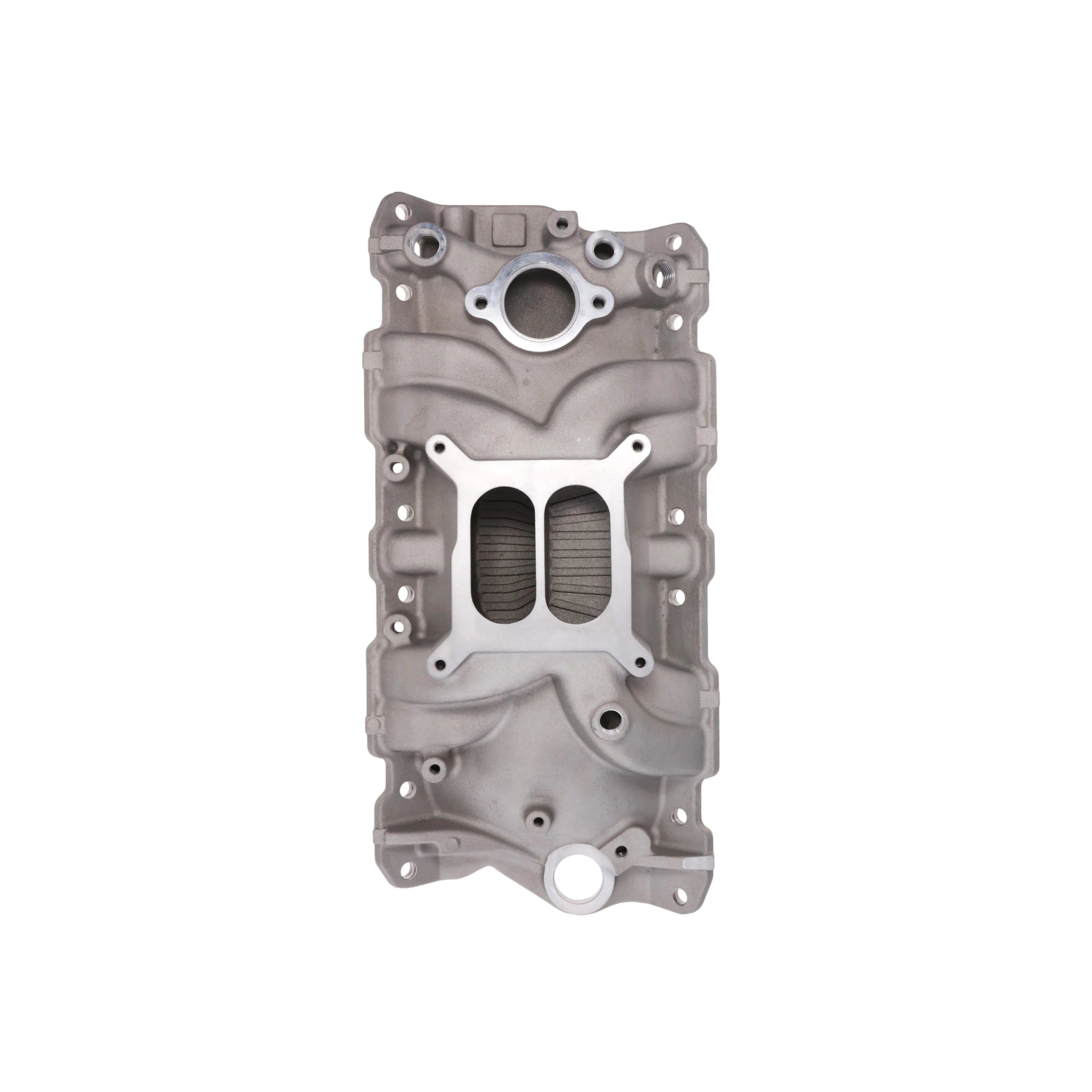1955-1986 Chevy SB Aluminum Intake Manifold, Dual Plane, Hi-Rise - Satin - Image 3