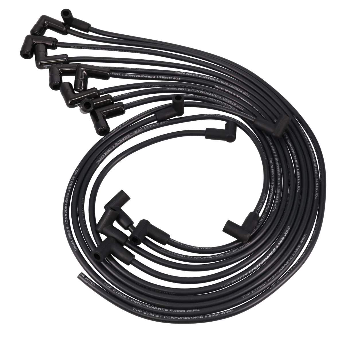 8.5mm Chevy Small Block Over Valve Covers Ignition Wires w/ 90° Ceramic Plug Boots - Black
