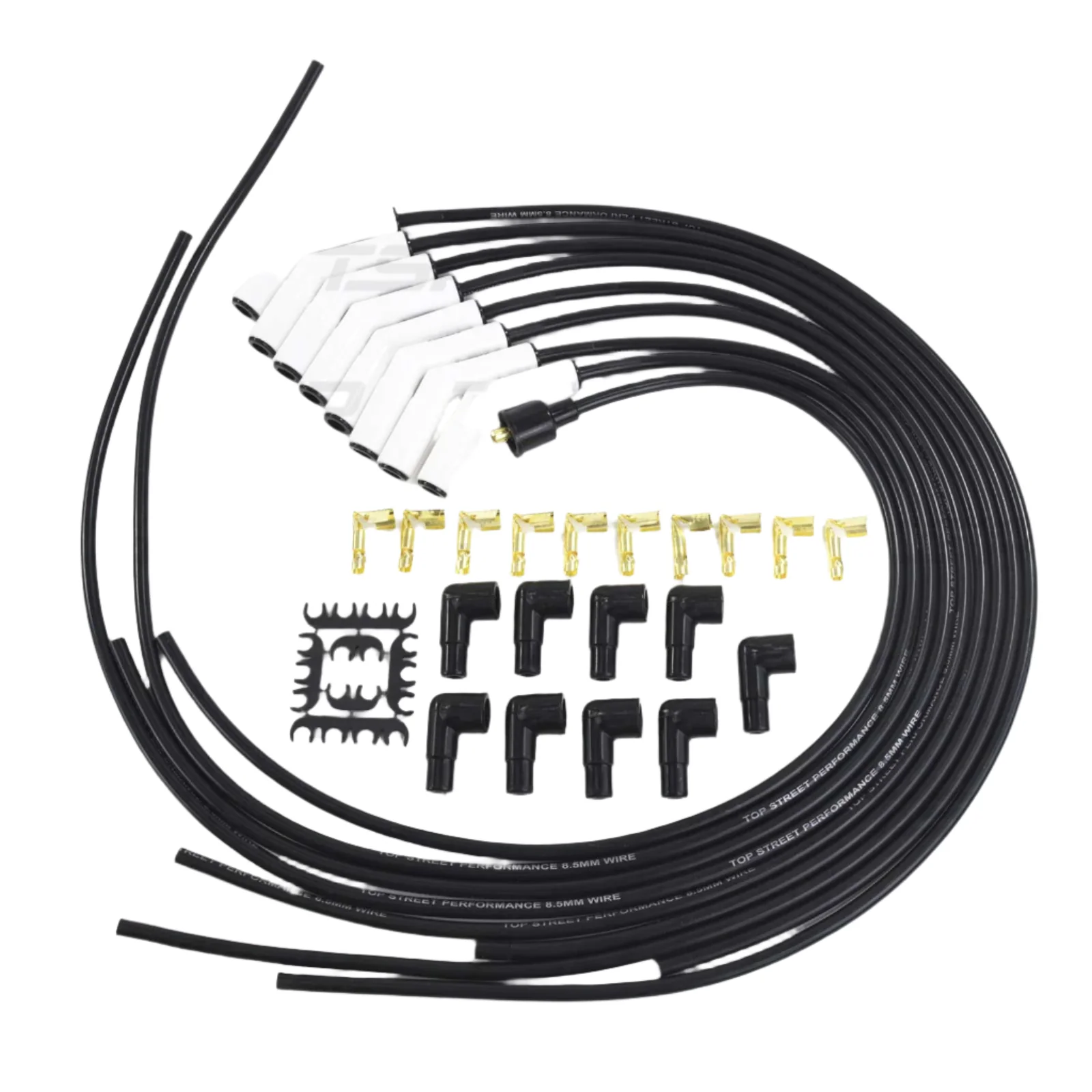 8.5mm Universal Black Ignition Wires with 135° Ceramic Plug Boots - White