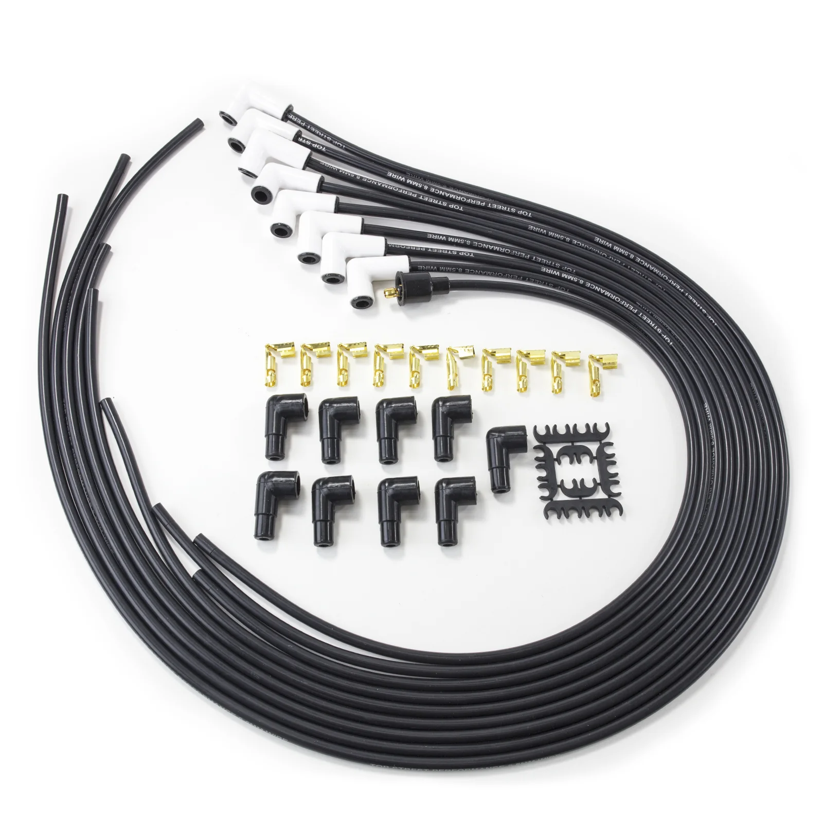 8.5mm Universal Black Ignition Wires with 90° Ceramic Plug Boots - White