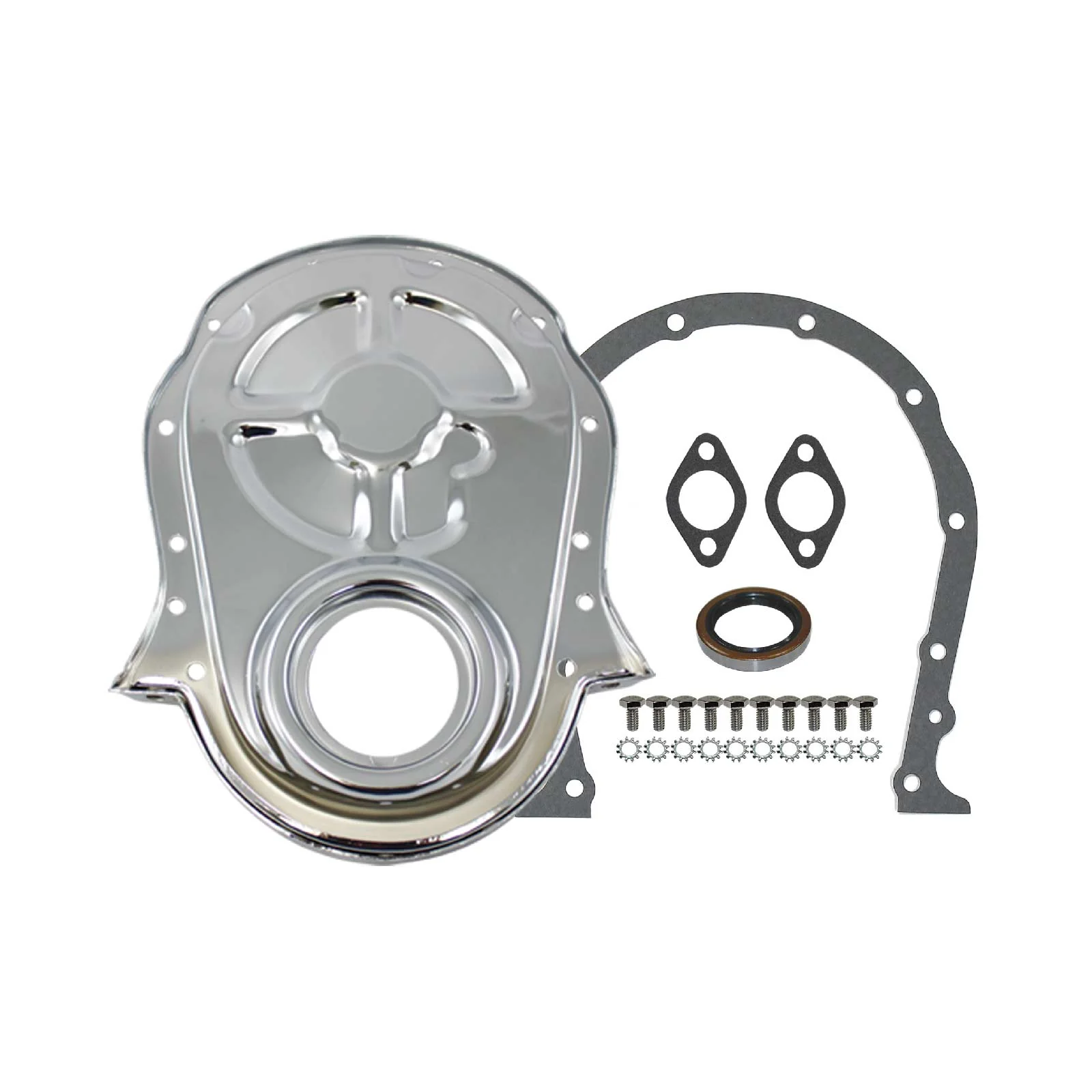 Chevy Big Block Steel - Chrome w/ Gaskets/Hardware Chrome Steel 1-Piece Timing Cover w/ Gasket & Crank Seal & Hardware