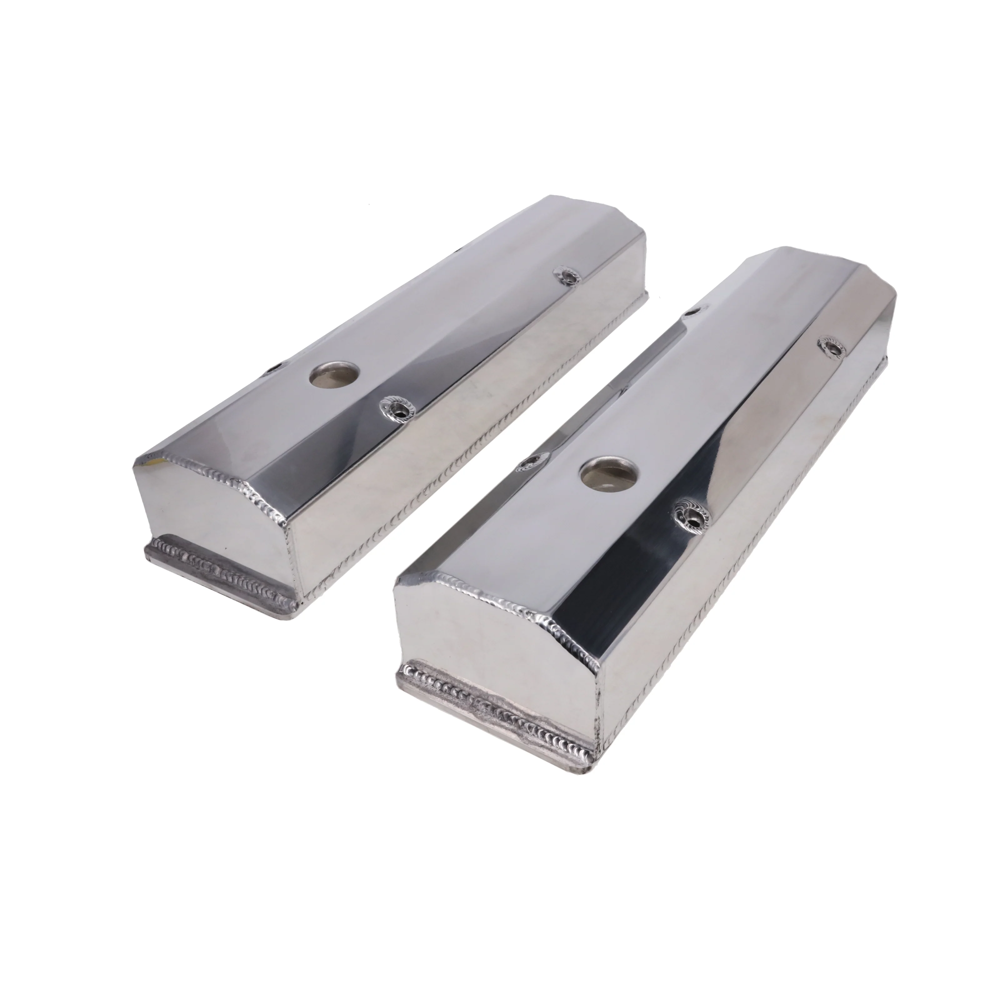 Chevy Small Block Long Bolt Fabricated Aluminum Valve Covers with Breather Holes - Polished