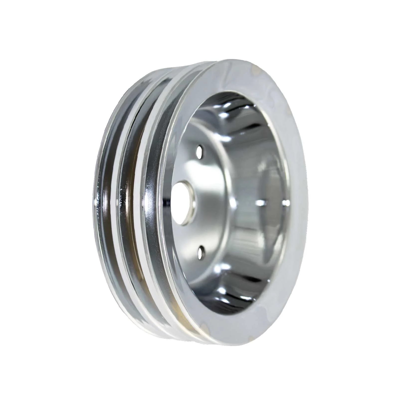 Chevy Small Block Short Water Pump Triple-Groove Steel Crankshaft Pulley - Chrome