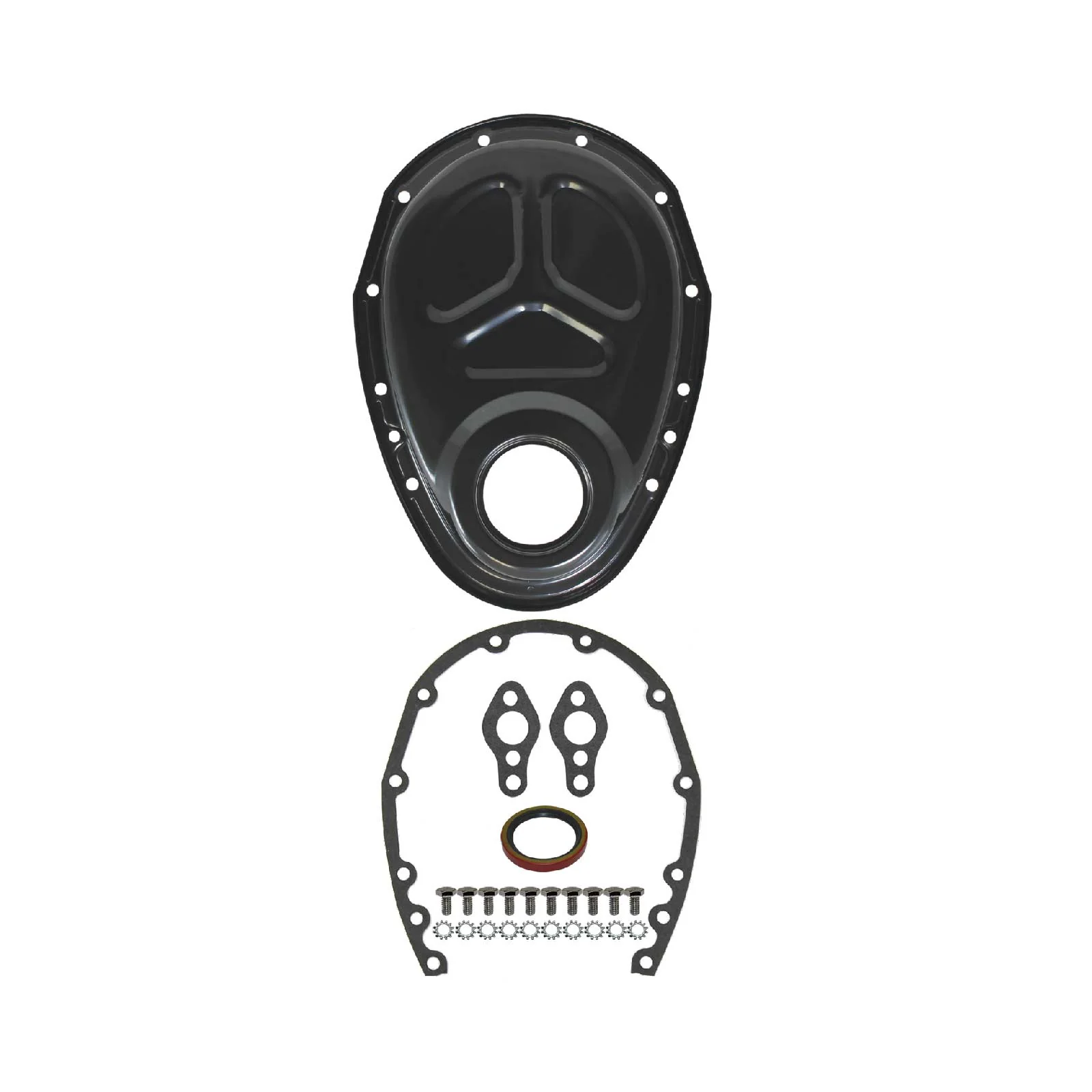 Chevy Small Block / GM 90° V6 Black Steel 1-Piece Timing Cover w/ Gasket & Hardware