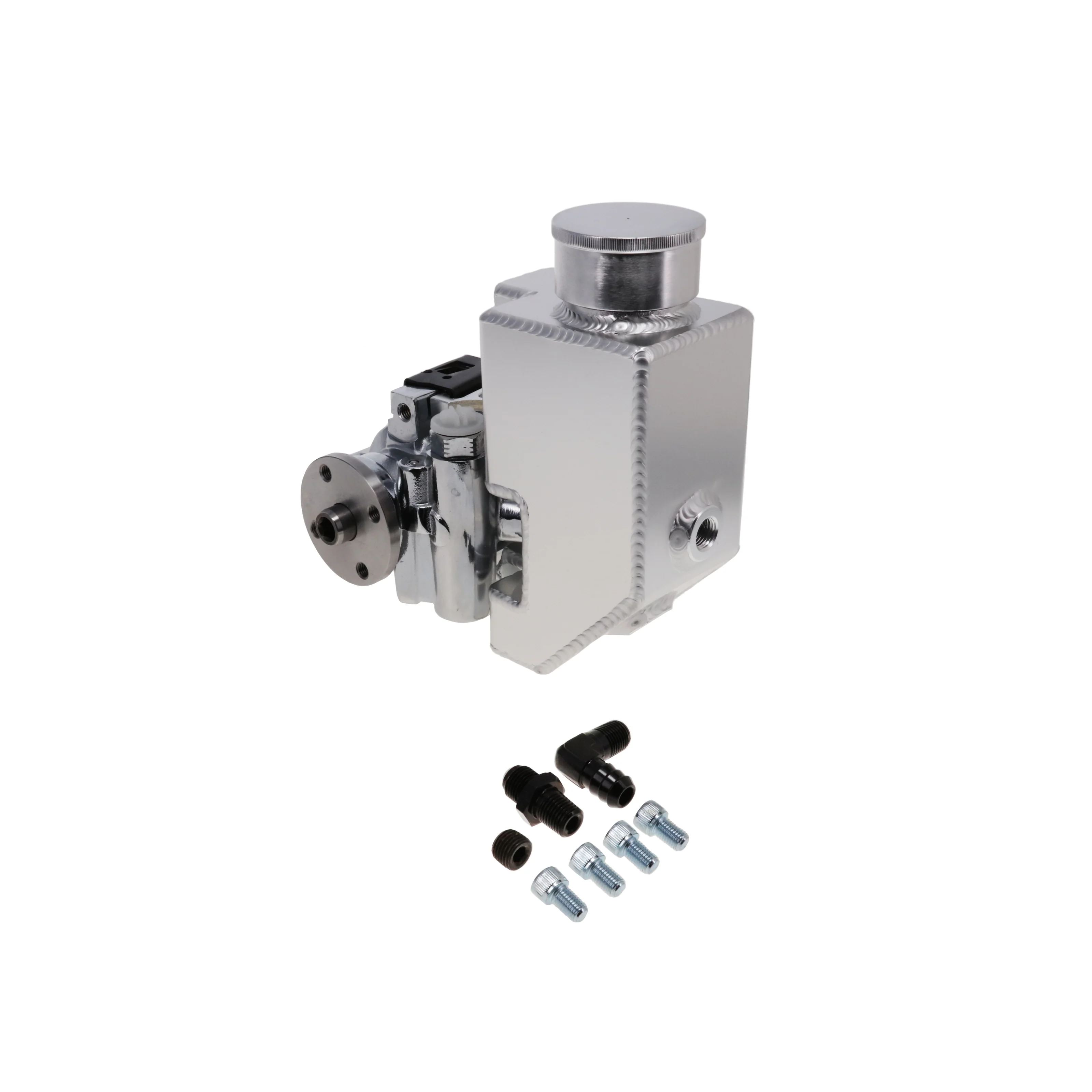 GM Type II Style Power Steering Pump with 18 oz Fabricated Aluminum Reservoir and Pulley Hub - Chrome